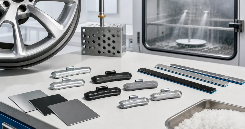 Coated wheel weights with plating paint and corrosion test setup