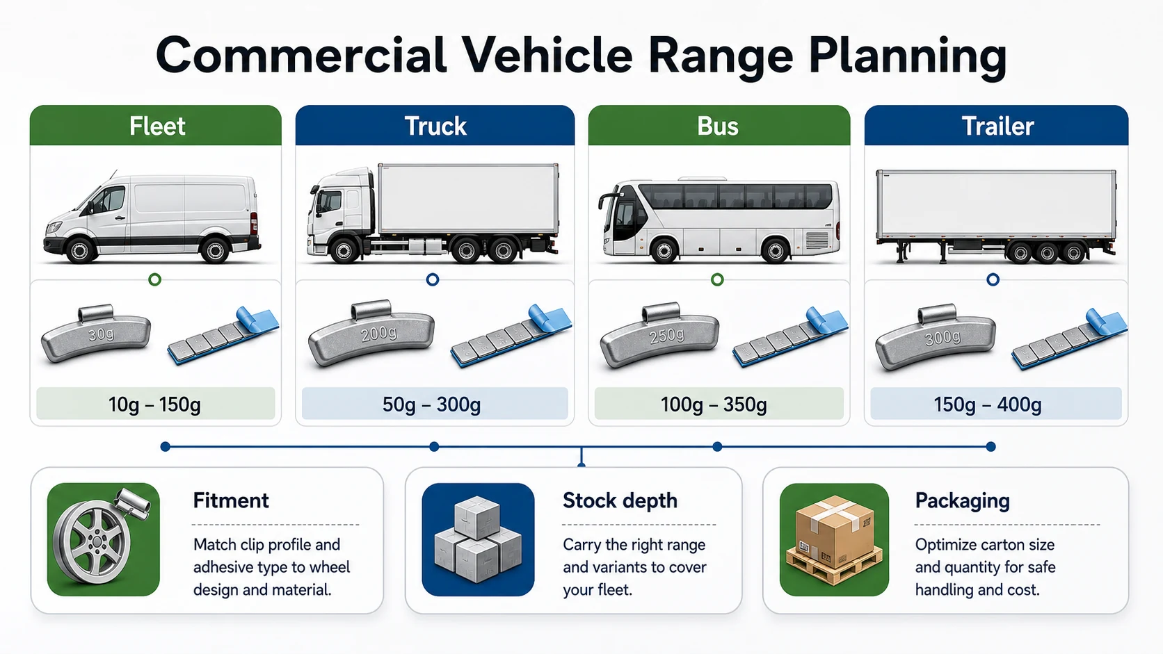 Commercial Vehicle Wheel Weights: Fleet, Truck, and Bus Buying Guide 1 Infographic showing commercial vehicle wheel weight range planning across fleet vans, trucks, buses, and trailers.