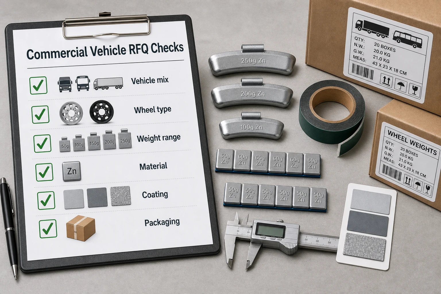 Commercial Vehicle Wheel Weights: Fleet, Truck, and Bus Buying Guide 2 Commercial vehicle wheel weight RFQ checklist covering vehicle mix, wheel type, weight range, material, coating, and packaging.