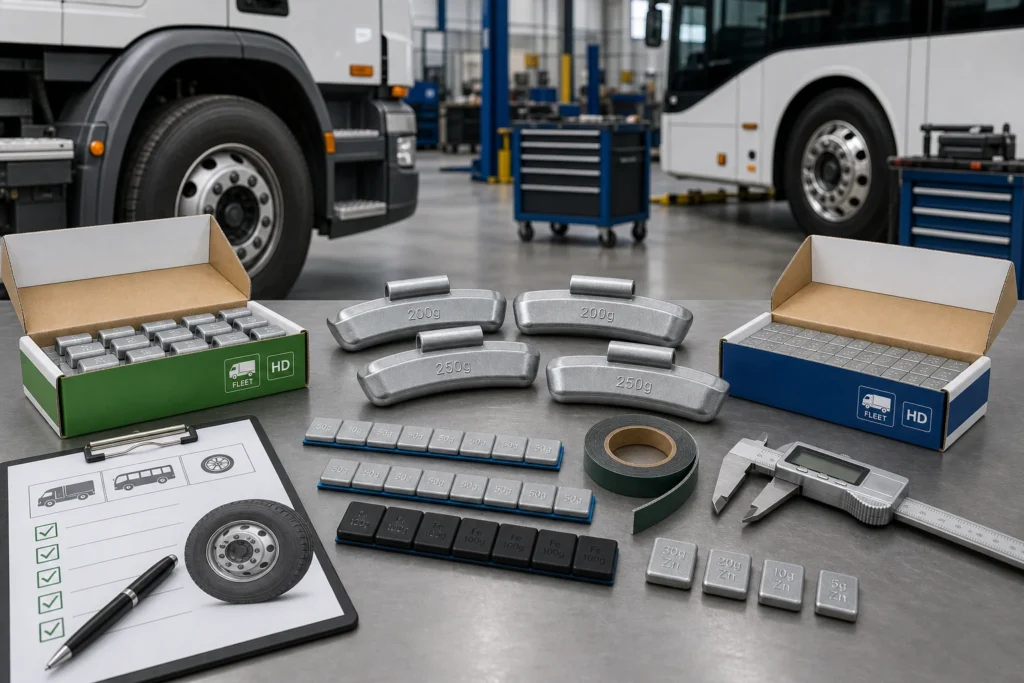 Commercial vehicle wheel weights displayed with fleet, truck, and bus service context, cartons, and sizing tools.