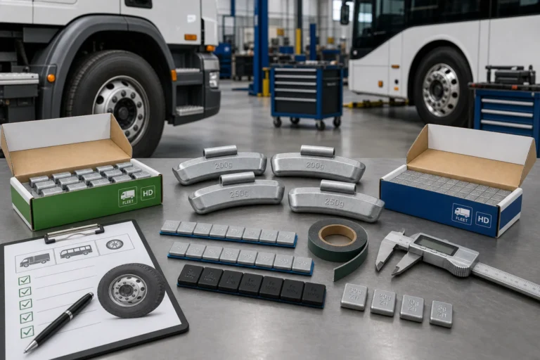 Commercial vehicle wheel weights displayed with fleet, truck, and bus service context, cartons, and sizing tools.