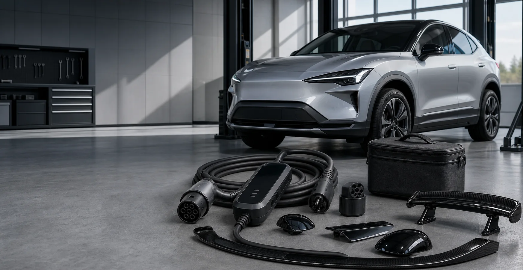 Electric crossover with EV charging cable, portable EVSE, adapter, storage case and exterior accessory parts in a workshop