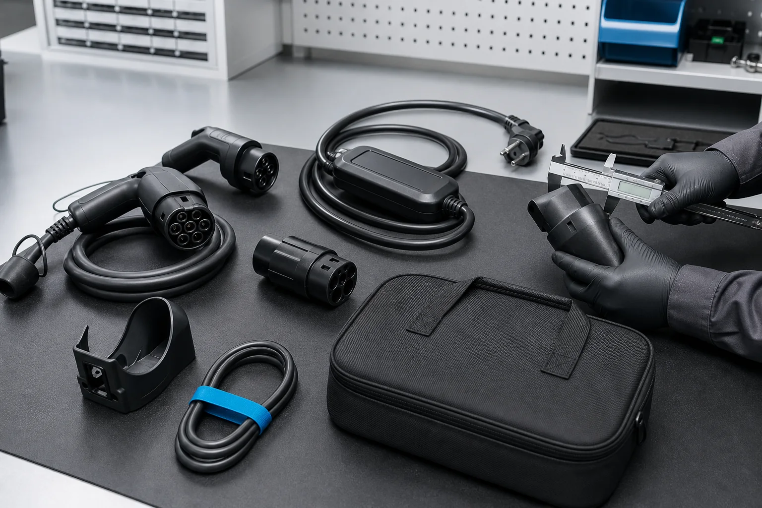 EV charging connectors, portable EVSE, adapter, holder and storage bag arranged for dimensional inspection