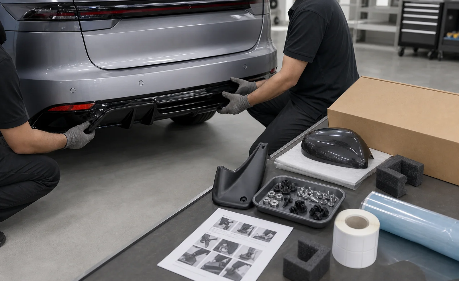 Technicians trial fitting an EV rear diffuser while exterior parts, hardware and protective packaging are reviewed