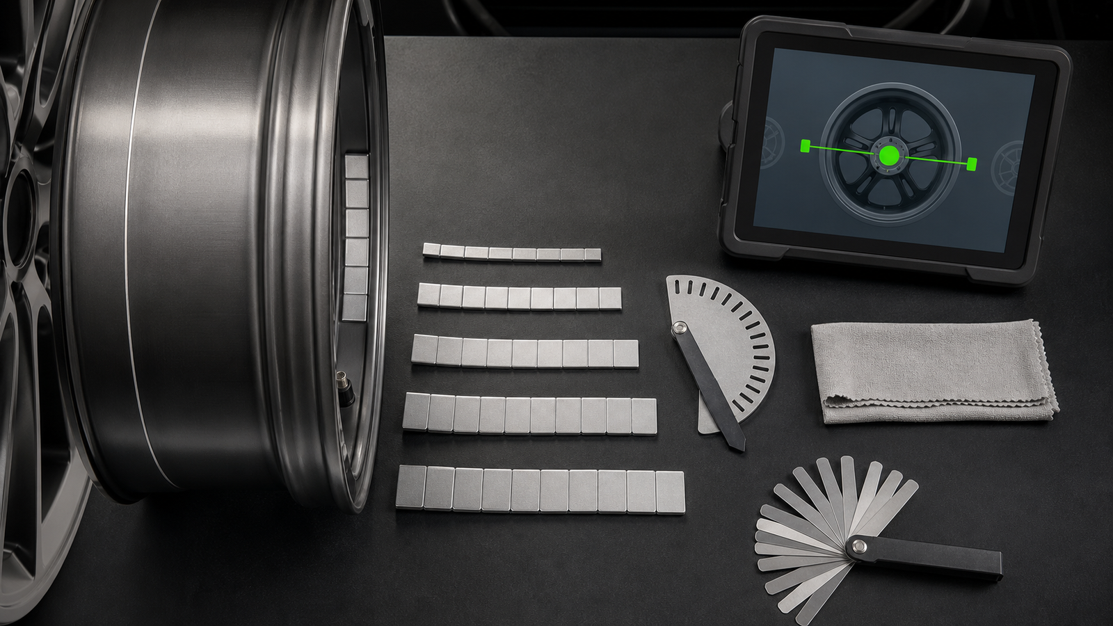 Pesas para Llantas para Vehículos Eléctricos: Opciones de Perfil Bajo, Adhesivas y de Espacio Libre 2 EV alloy wheel sample with multiple low-profile adhesive weight strips, rim-profile and clearance gauges, cloth, and balancing display