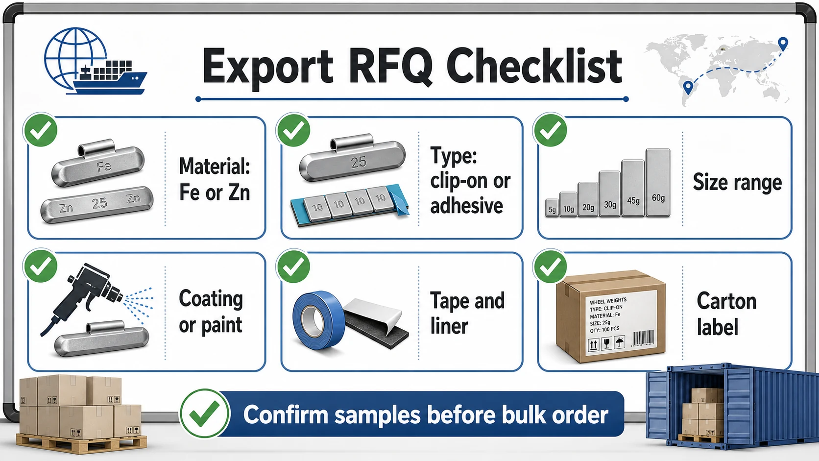Non Lead Wheel Weights: Steel, Zinc, and Export Buying Options 2 Export RFQ checklist for non-lead wheel weights covering material type size coating tape liner and carton label