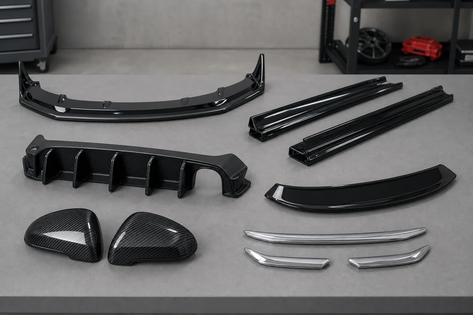 Catalog layout of front lip, side skirts, rear diffuser, spoiler, mirror covers and trim accessories