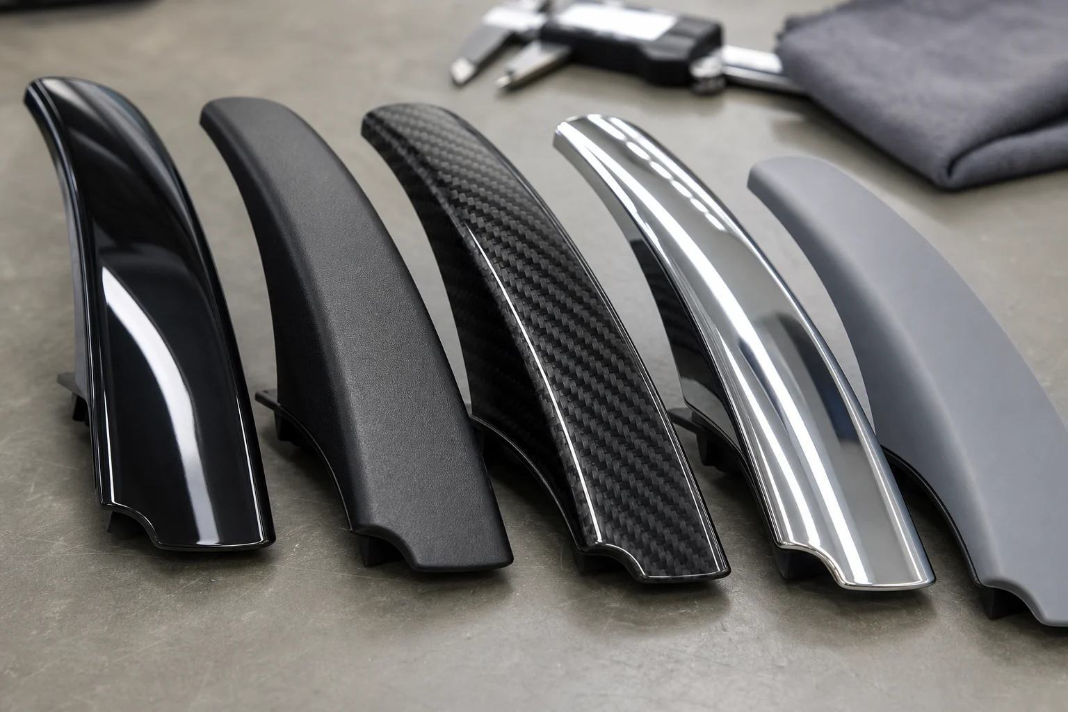 Close-up of gloss black, matte black, carbon-look, chrome and primer-ready automotive exterior accessory samples