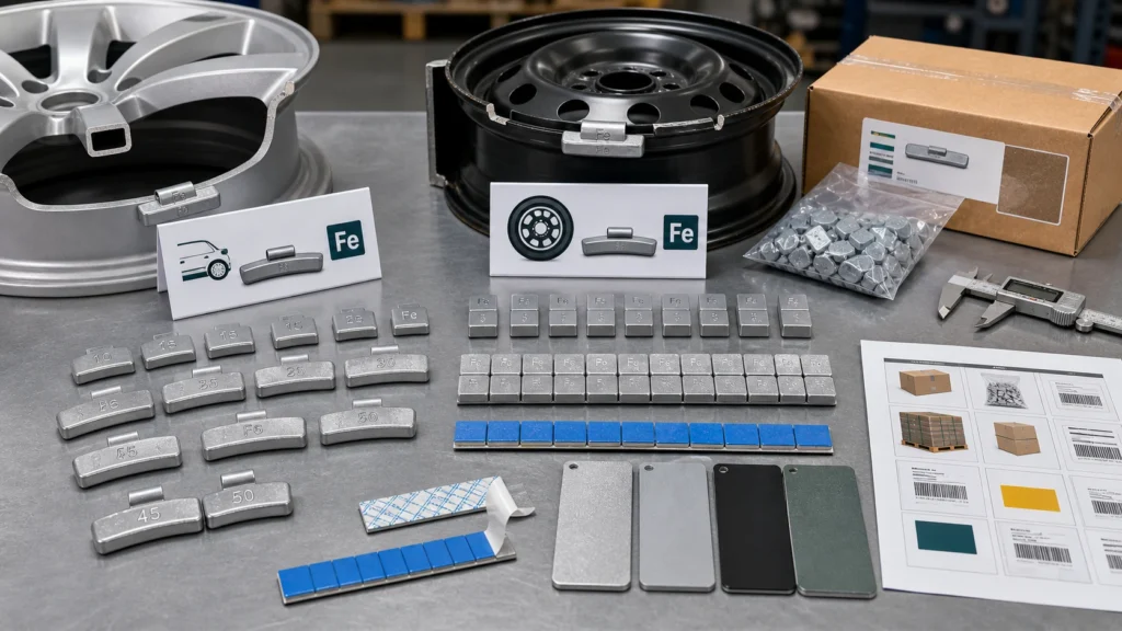 Fe steel wheel weights with clip-on weights adhesive strips coating samples and wheel applications