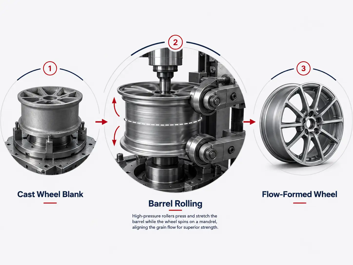 Flow formed alloy wheel barrel rolling process showing cast wheel blank, roller forming and finished wheel