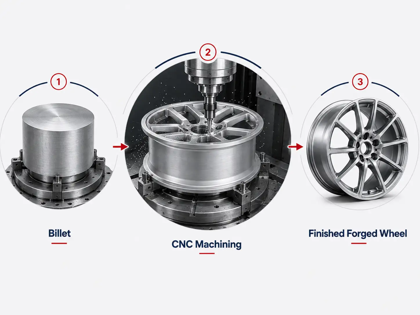 Forged alloy wheel process showing aluminum billet, CNC machining and finished forged wheel
