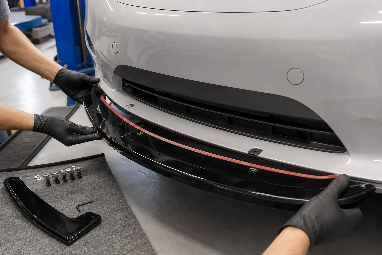 Workshop trial fitting gloss black front lip to an unbranded vehicle bumper with adhesive liner and hardware nearby