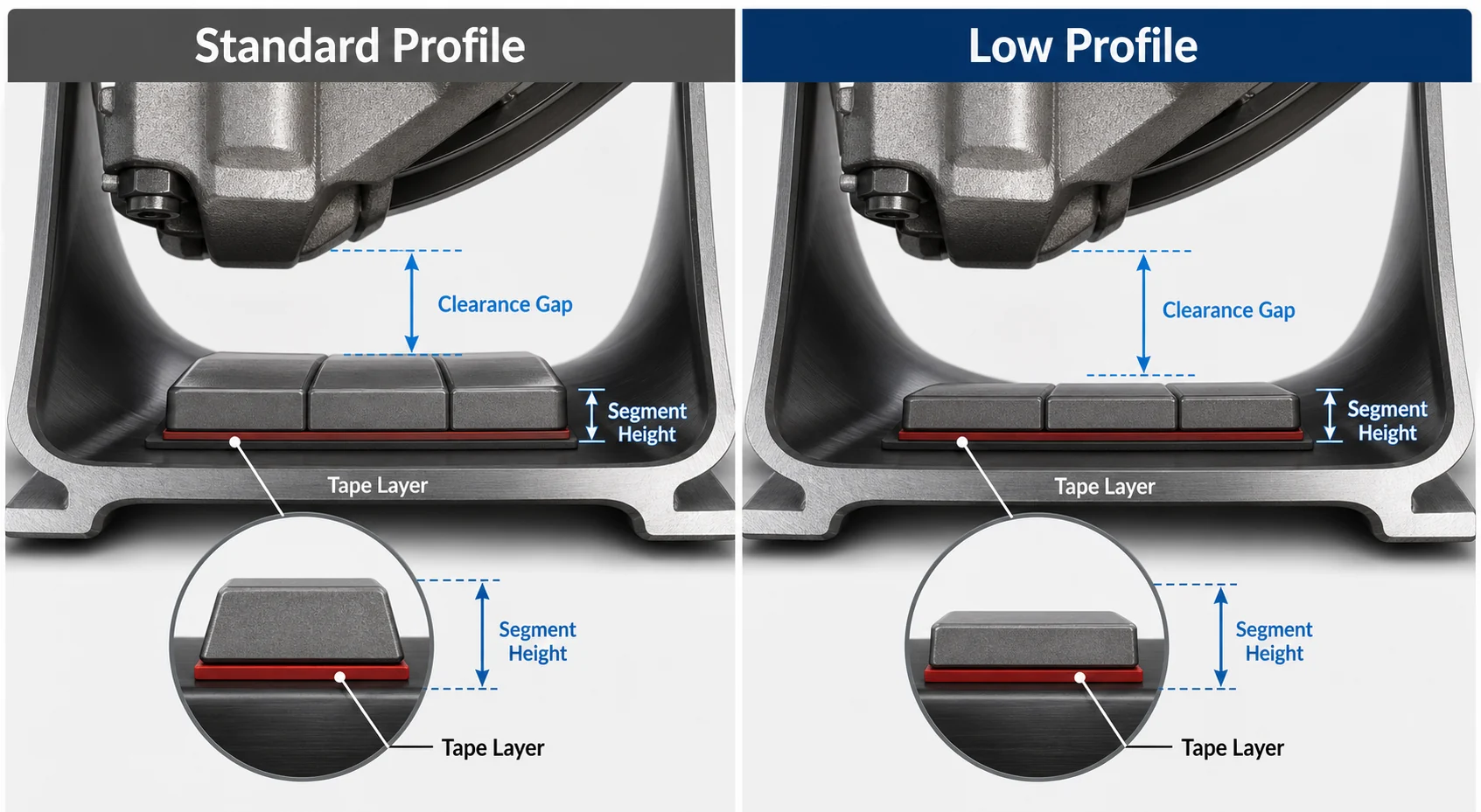 Low Profile Wheel Weights: When Thin Adhesive Weights Matter 1 Infographic comparing standard adhesive wheel weight profile and low-profile adhesive wheel weight profile inside an alloy wheel barrel