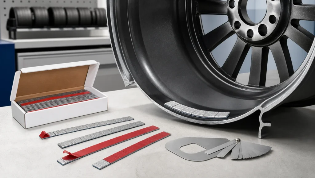 Low-profile adhesive wheel weight strips beside an alloy wheel barrel and clearance gauge