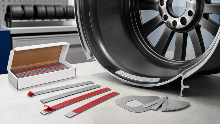 Low-profile adhesive wheel weight strips beside an alloy wheel barrel and clearance gauge