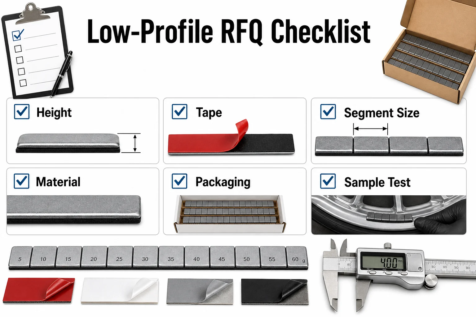 Low Profile Wheel Weights: When Thin Adhesive Weights Matter 2 RFQ checklist for low-profile adhesive wheel weights including height, tape, segment size, material, packaging, and sample test