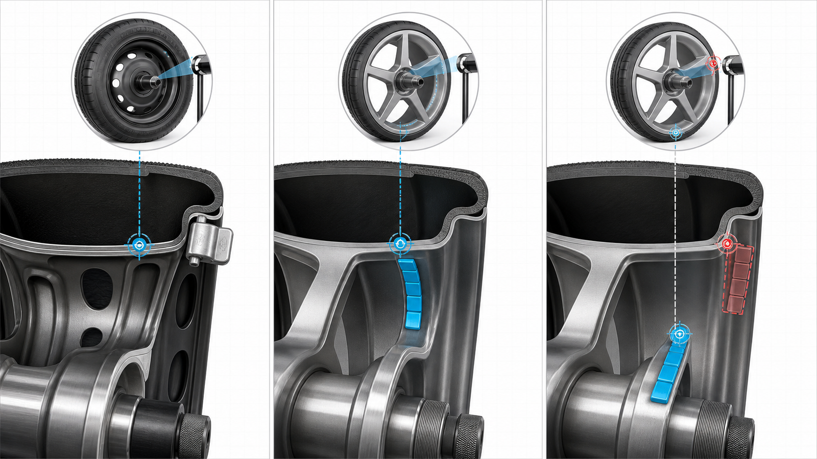 Machine-led wheel weight placement on steel and alloy rims
