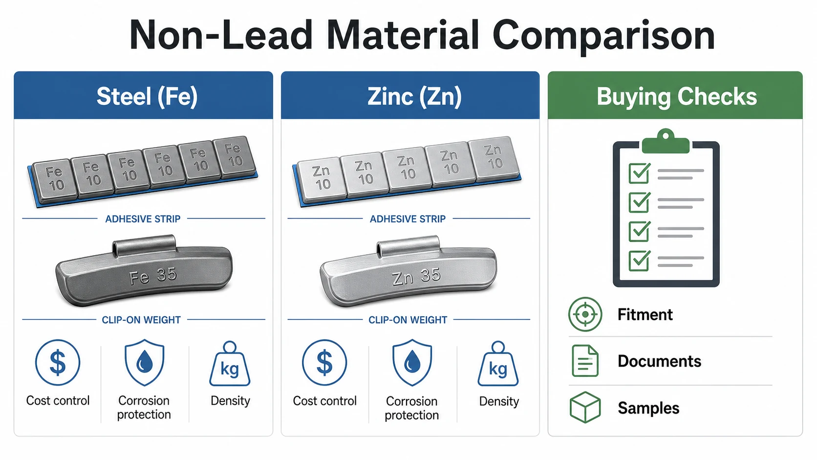 Non Lead Wheel Weights: Steel, Zinc, and Export Buying Options 1 Infographic comparing steel Fe zinc Zn and non-lead buying checks for wheel weights