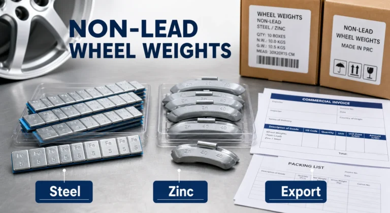 Non-lead steel and zinc wheel weights with export cartons and documents