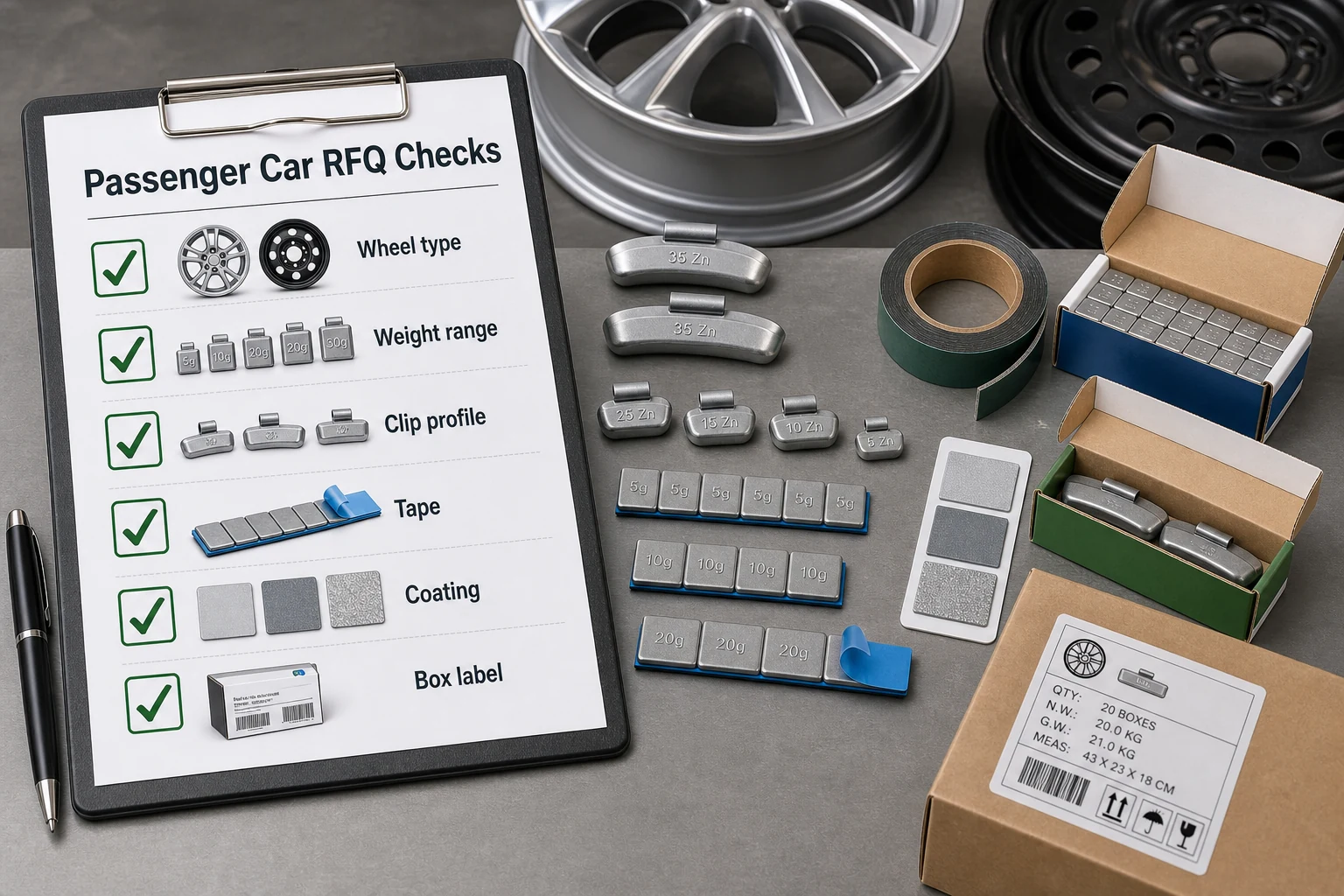 Passenger Car Wheel Weights: Types, Sizes, and Fitment Guide 2 Passenger car wheel weight RFQ checklist covering wheel type, weight range, clip profile, tape, coating, and box label.