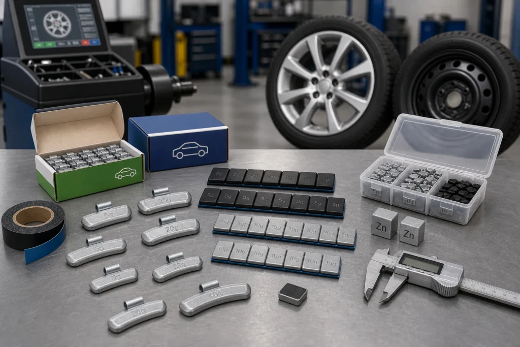 Passenger car wheel weights displayed with alloy and steel wheel examples, adhesive strips, clip-on weights, boxes, and sizing tools.