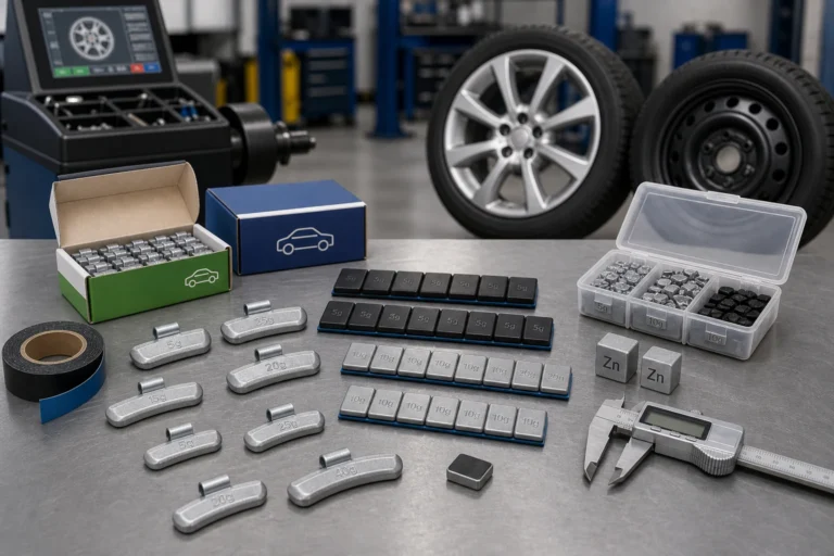 Passenger car wheel weights displayed with alloy and steel wheel examples, adhesive strips, clip-on weights, boxes, and sizing tools.