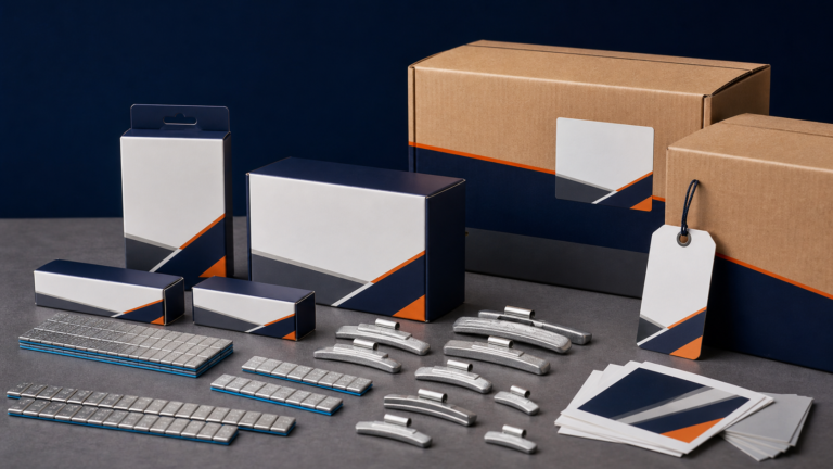 Pesas de rueda sin marca organizadas con cajas minoristas personalizadas, etiquetas de caja y muestras de arte de empaque