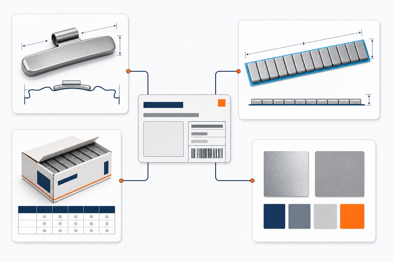 Wheel weight clip profile, adhesive strip, inner box quantity, material finish, and carton label connected as one SKU specification