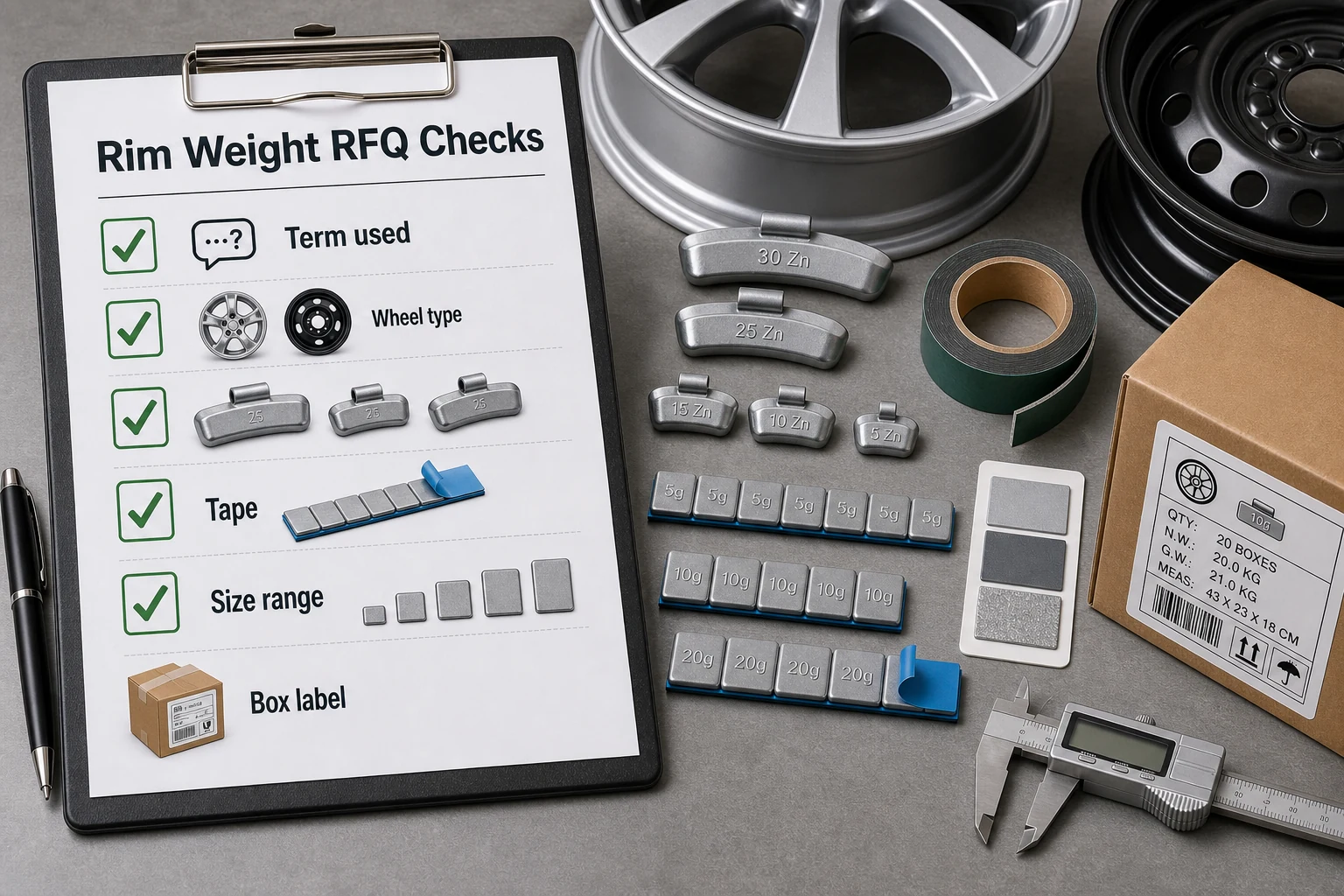 Rim Weights Explained: Are They the Same as Wheel Balance Weights? 2 Rim weight RFQ checklist covering term used, wheel type, clip profile, tape, size range, and box label.