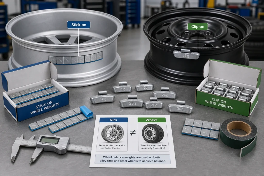 Rim weights and wheel balance weights displayed with alloy and steel rims, clip-on weights, stick-on strips, and terminology notes.