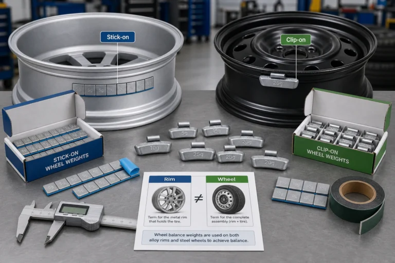 Rim weights and wheel balance weights displayed with alloy and steel rims, clip-on weights, stick-on strips, and terminology notes.