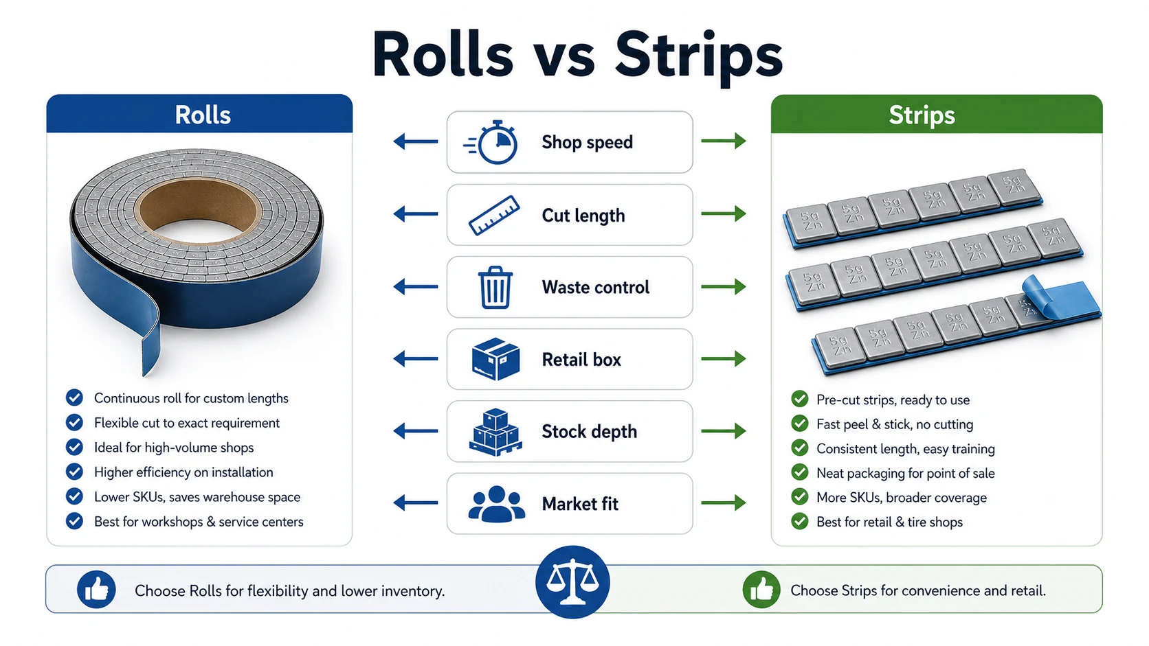 Wheel Weight Rolls vs Strips: Which Adhesive Format Fits Your Market? 1 Infographic comparing adhesive wheel weight rolls and strips by shop speed, cut length, waste control, retail box, stock depth, and market fit.