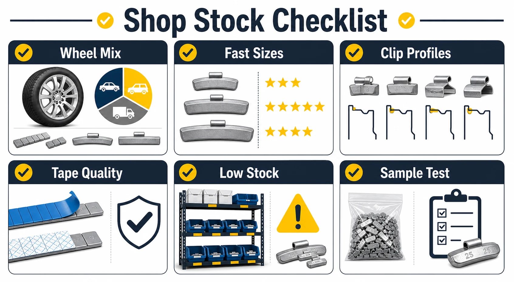 Shop stock checklist for wheel weight buying
