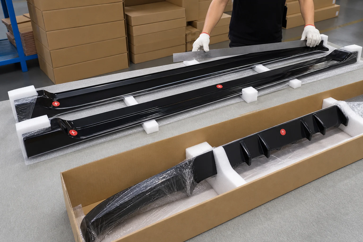 Private-label packaging preparation for gloss black exterior trim accessories with blank retail boxes and foam inserts