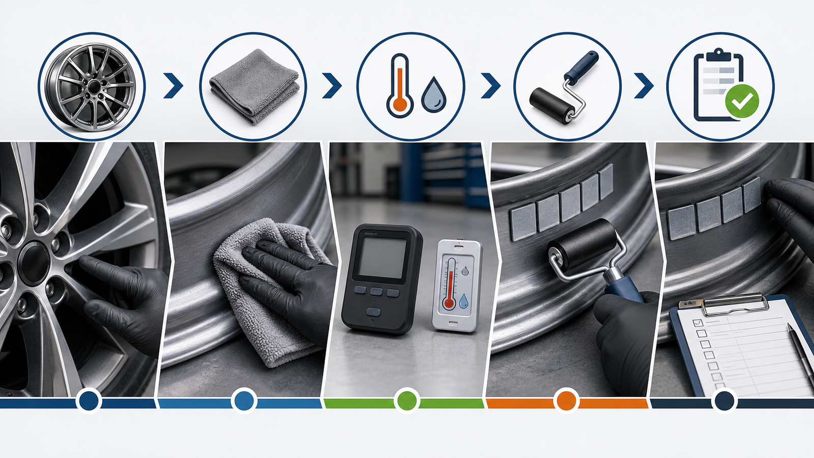 Wheel Weight Adhesion Test Plan: How Buyers Validate Stick-On Weights 1 Five-stage workflow for selecting a rim, cleaning, conditioning, applying pressure, and recording stick-on wheel-weight samples