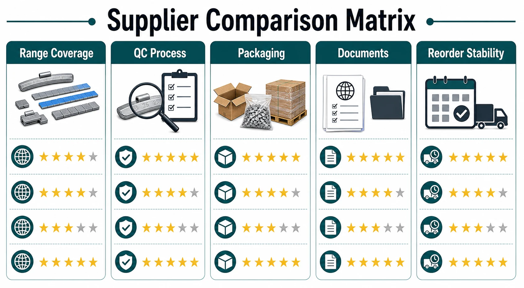 Wheel Weights Wholesale: How Distributors Should Compare Suppliers 1 Supplier comparison matrix for wholesale wheel weights
