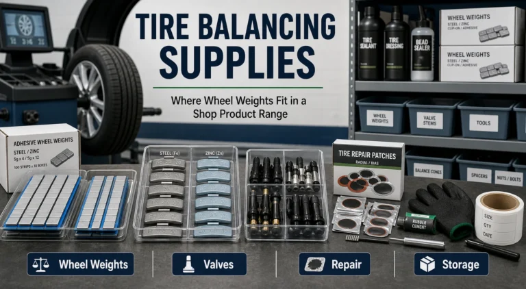 Tire balancing supplies range with wheel weights valves tire repair products labels and organized shop bins