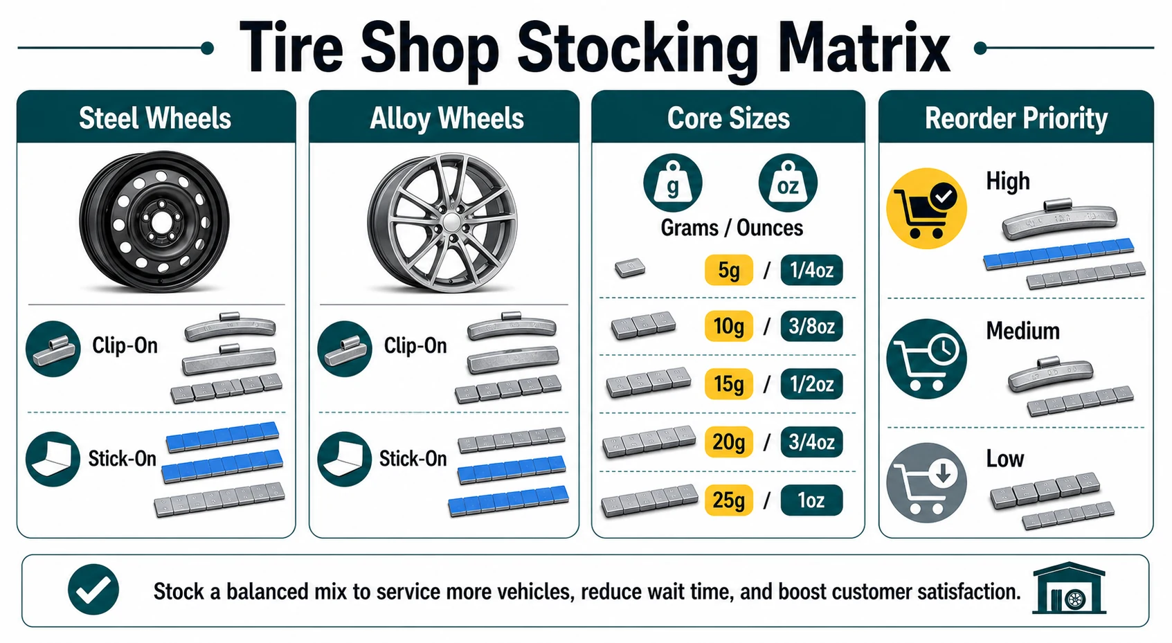 Tire shop wheel weight stocking matrix