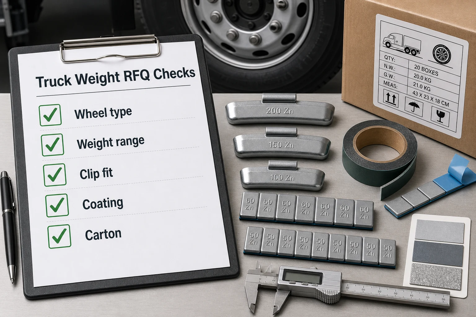 Truck Wheel Weights: Heavy-Duty Balancing Options for Commercial Vehicles 2 Truck wheel weight RFQ checklist covering wheel type, weight range, clip fit, coating, and carton requirements.