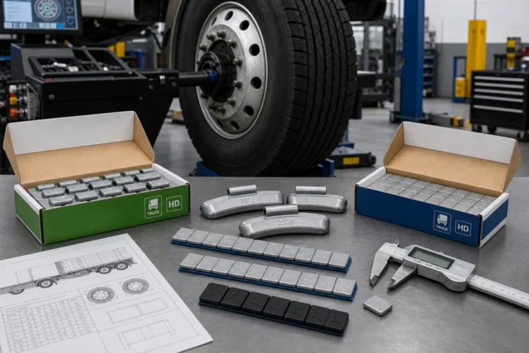 Heavy-duty truck wheel weights displayed with a commercial truck wheel, balancing equipment, cartons, and sizing tools.