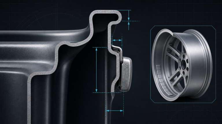 Technical cross-section showing a clip-on wheel weight matched to a steel rim flange, with adhesive weights shown inside an alloy wheel