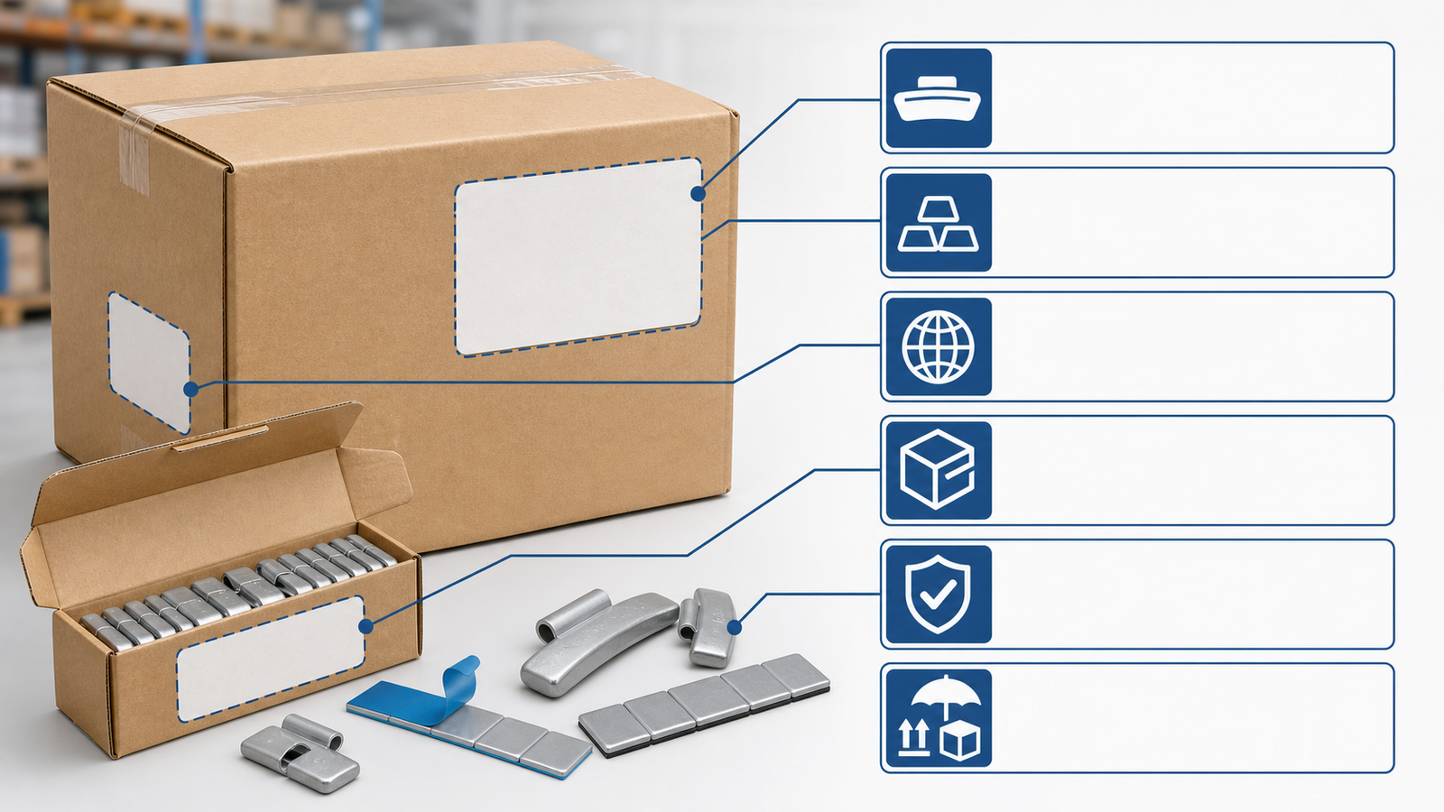 Wheel Weight Packaging: Carton Labels, SKU Mix, and Storage Checks 1 Wheel weight outer carton and inner box with visual callouts for label fields, product format, material, quantity, traceability, and storage handling