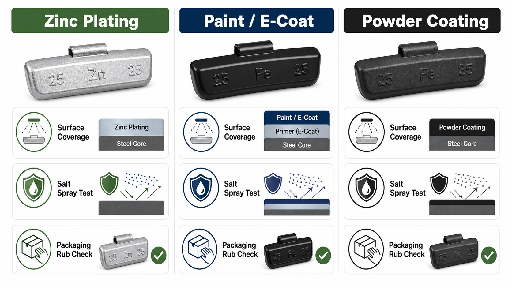 Comparison of zinc plating paint e-coat and powder coating for wheel weights