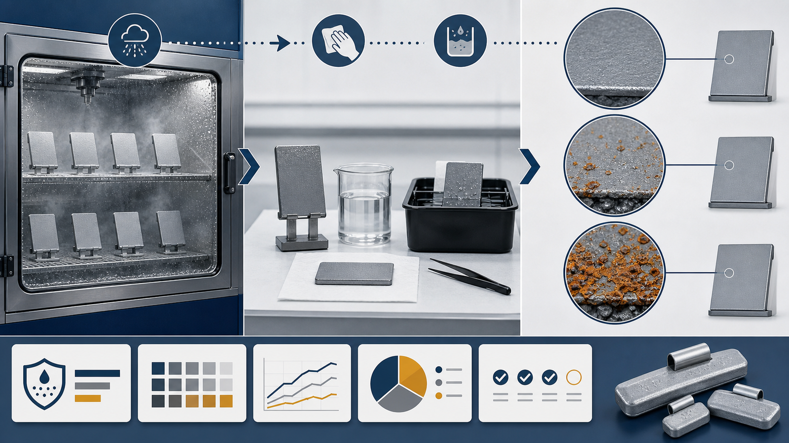 Wheel Weight Corrosion Testing: How Buyers Assess Coated Steel Weights 1 Corrosion-test workflow showing coated metal samples in a mist chamber, specimen preparation, and surface inspection