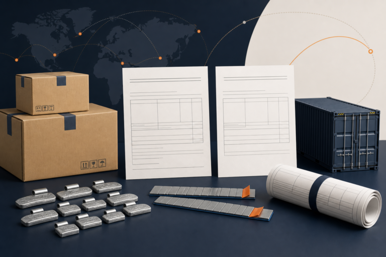 Pesas de rueda, cajas de exportación, formularios de factura, documentos de empaque y un contenedor de envío