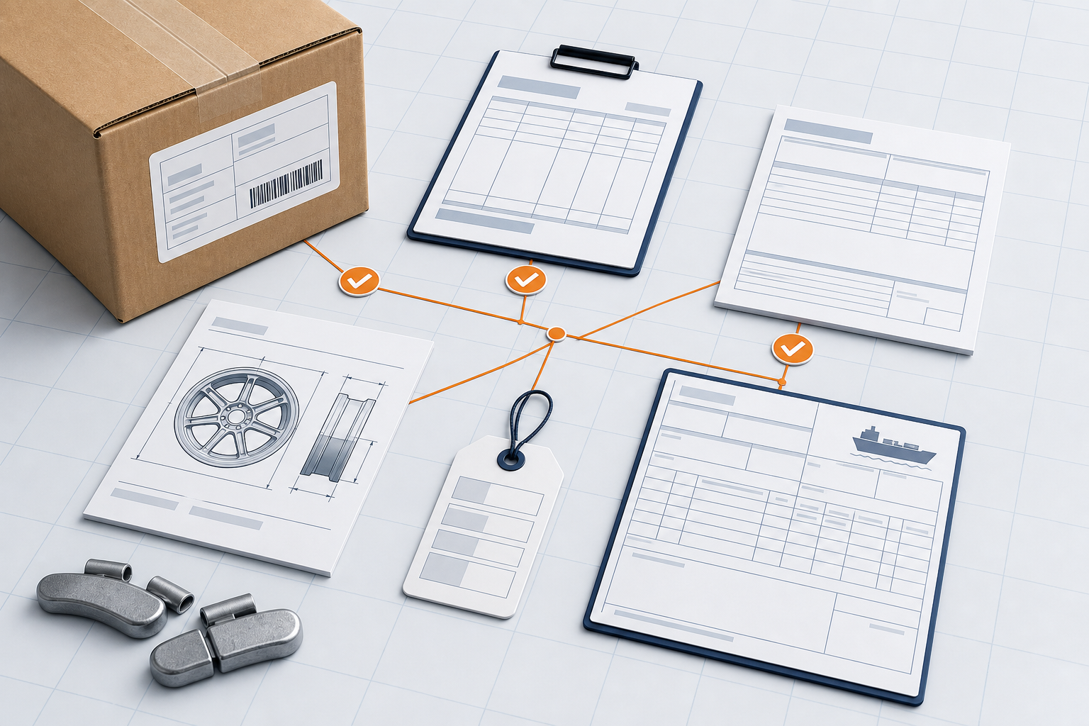 Wheel Weight Export Documents: What Import Buyers Should Request 1 Carton, packing list, product specification, batch tag, shipping document, and wheel weights connected for reconciliation