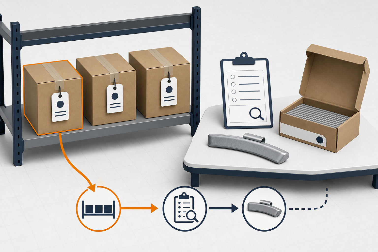 Cajas de pesas para ruedas rotando del estante a la estación de inspección con etiquetas de lote y flujo de trabajo primero en entrar, primero en salir