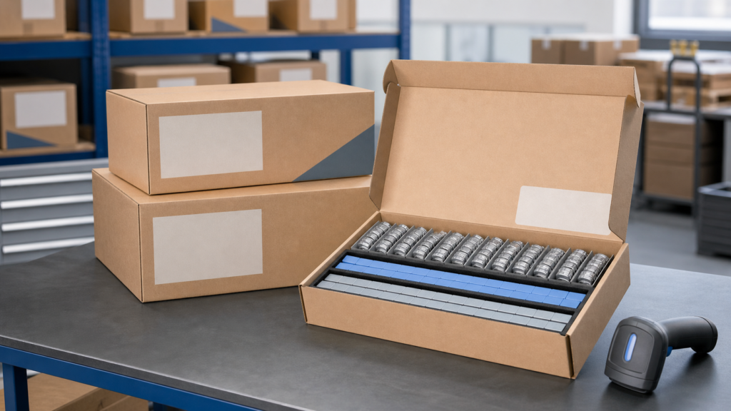Cajas de contrapesos para ruedas con contrapesos de clip organizados y tiras adhesivas en bandejas interiores protectoras sobre un banco de almacén