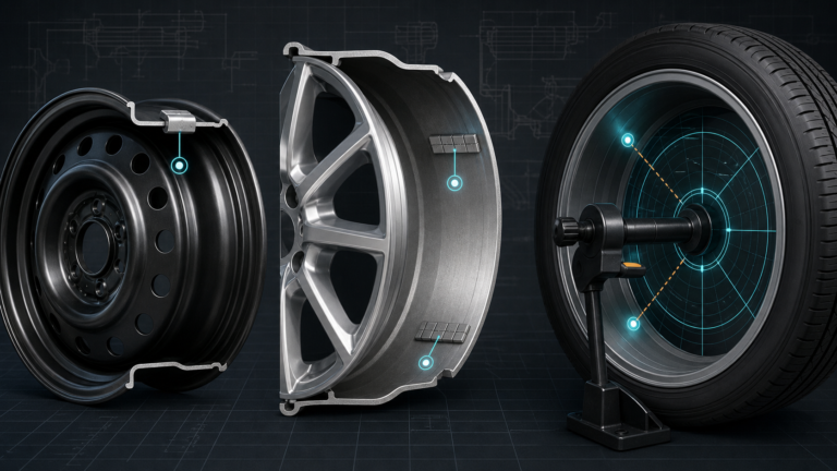 Clip-on wheel weight on a steel rim flange and adhesive balancing weights inside an alloy wheel barrel beside a wheel balancer