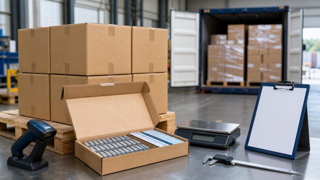 Wheel weight cartons and pallet at a warehouse inspection station with open product box, scale, caliper, scanner, and checklist